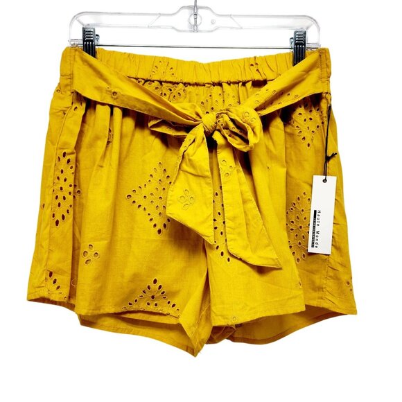 Yellow Eyelet Cotton High-Waisted Shorts With Tie Belt  Size L  Haute Mode - Picture 1 of 6
